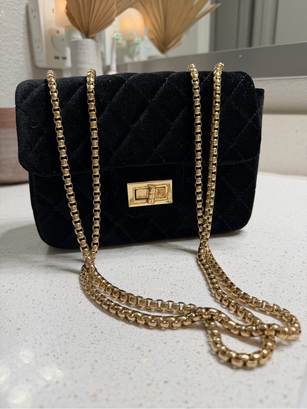 Fashion Nova Black Quilted Velvet Purse with Gold Chain
